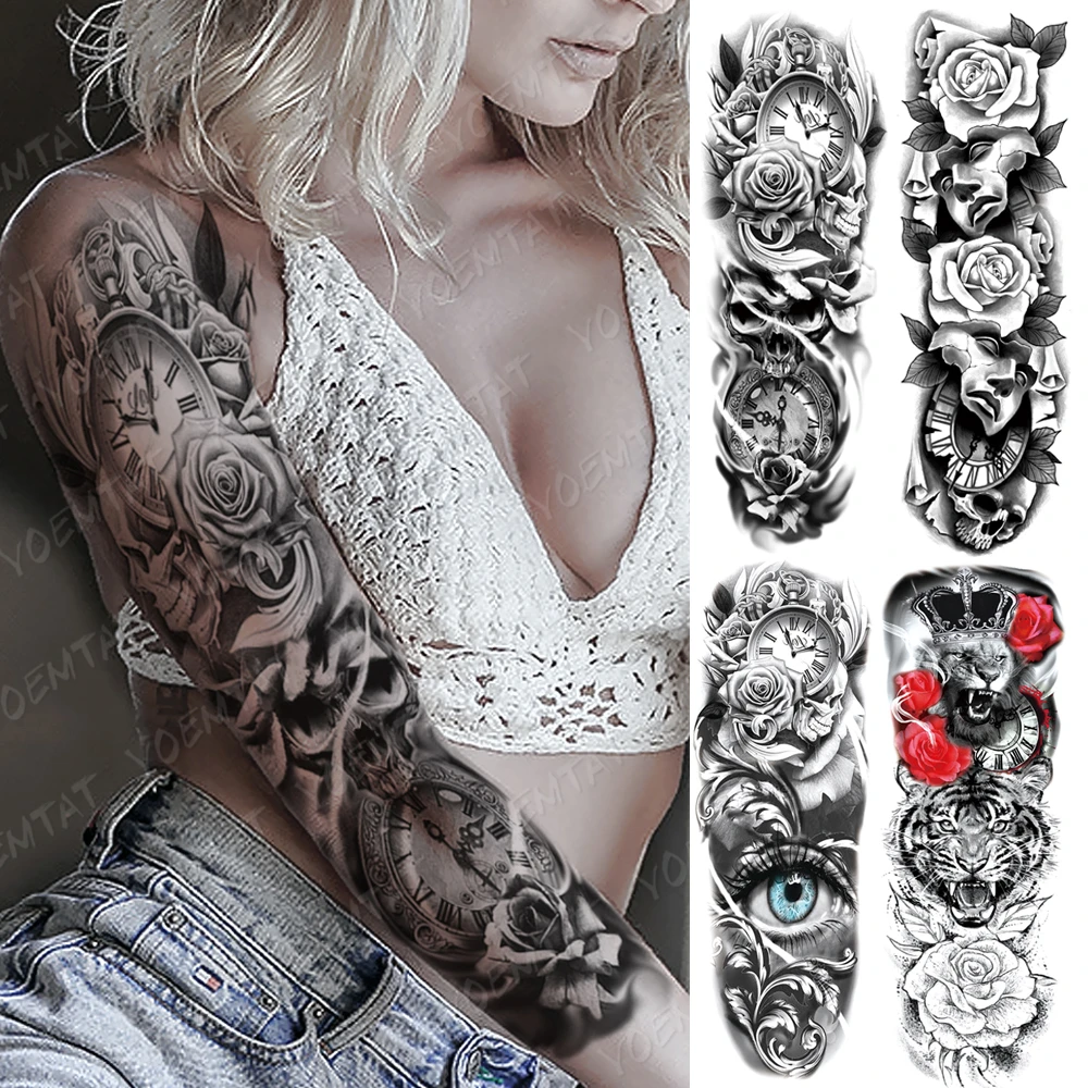 Large Arm Sleeve Tatoo Clocks Rose Eye Lion Waterproof Temporary Tattoo Sticker Flower Time Body Art Full Fake Tatoo Women Men Temporary Tattoos Aliexpress