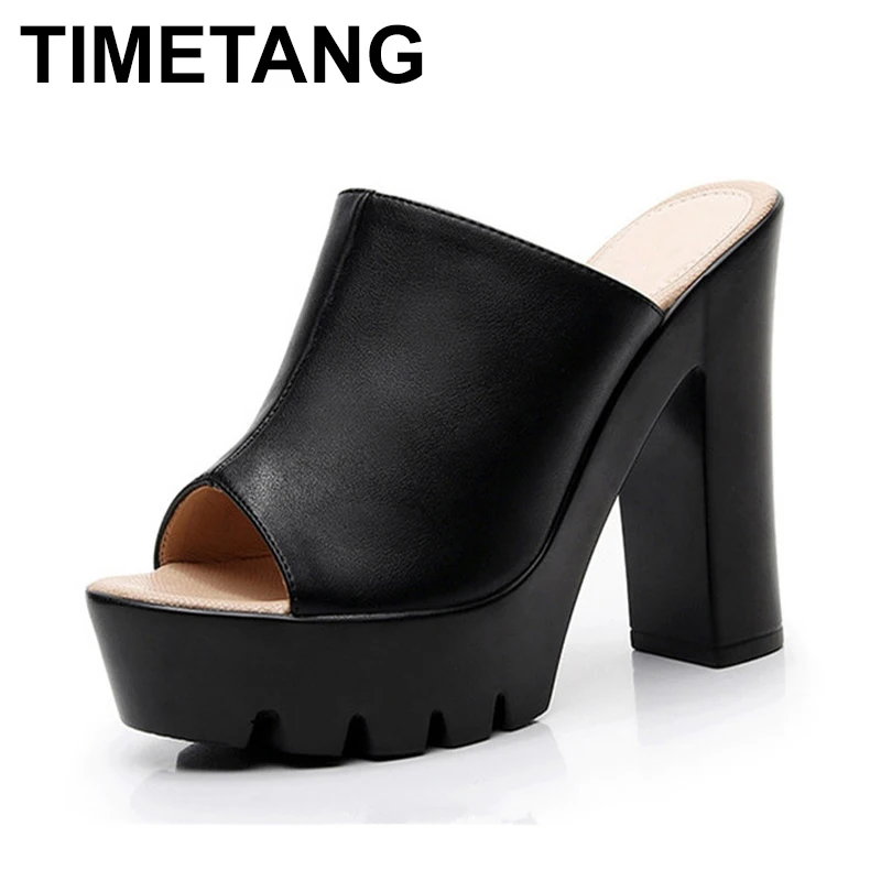 TIMETANGBig Size 35-42 Block Open Toe Heels Platform Shoes Woman Summer2019Split Leather Blades High Ladies White Slipper | Обувь