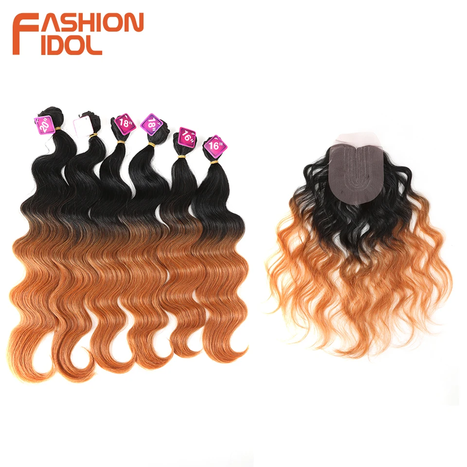Extensão de Cabelo Pacotes de Cabelo Sintético da Moda Ombré para Mulheres Idol com Fecho de 16-20 Sintético Polegada Lote 7 Pçs –
