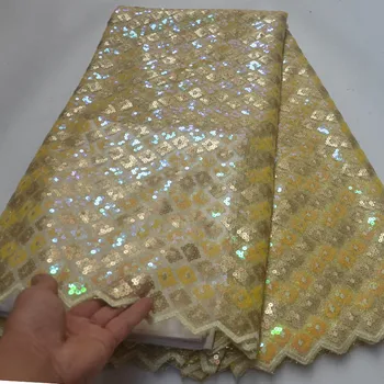 

Yellow Gold Color New African Tulle Mesh Lace Fabric High Quality Sequins Nigerian Wedding Lace Fabric Sequins French Net Lace
