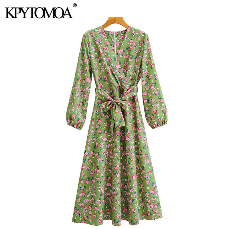 KPYTOMOA Women 2020 Chic Fashion With Sashes Floral Print Midi Dress Vintage Long Sleeve Back Zipper Female Dresses Vestidos KPYTOMOA Women 2020 Chic Fashion With Sashes Floral Print Midi Dress Vintage Long Sleeve Back Zipper Female Dresses Vestidos