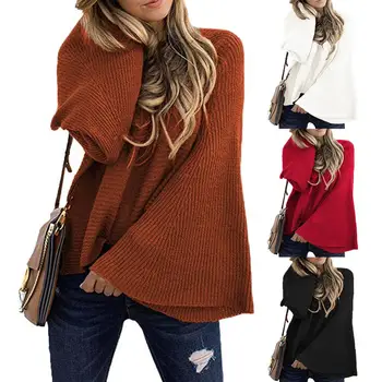 

Women Autumn Winter Long Flared Sleeve O Neck Solid Color Loose Knitwear Sweater