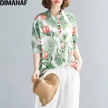 DIMANAF 2020 Plus Size Women Blouse Summer Style Vintage Hawaii Floral Print Female Lady Patchwork Linen Cotton Loose New Tops
