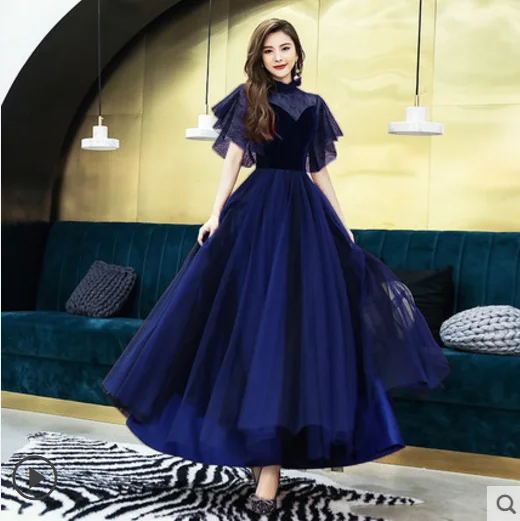 navy blue long Новое бордовое вечернее платье Длинное Элегантное ТРАПЕЦИЕВИДНОЕ кружевное официальное с короткими рукавами вечернее платье для невесты, выпускного вечера, вечерние платья - Цвет: navy blue long