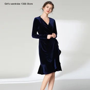 

Spring 2020 new ladies and ladies with thin velvet V-Neck long sleeve irregular dress