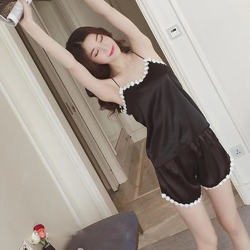 Sexy Satin Pajama Set White Lace Silky And Comfortable Pyjamas  For Top And Shorts Women