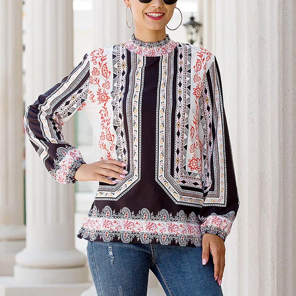 Женская одежда boho, блузки, Зимняя мода, длинный рукав, с принтом, рукав-фонарик, рубашка с вертикальной одеждой, blusas femininas
