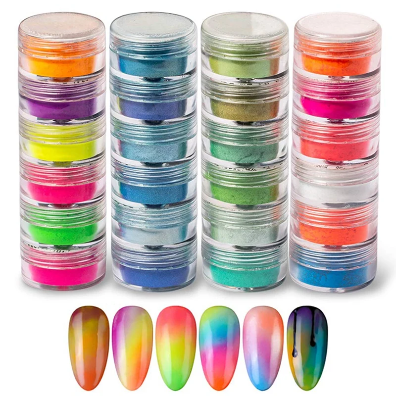 24 Color Pigment Nail Powder Colorful Iridescent Glitter Ultrafine Luminous Pearlescent High-Gloss Halo Powder. | Красота и здоровье