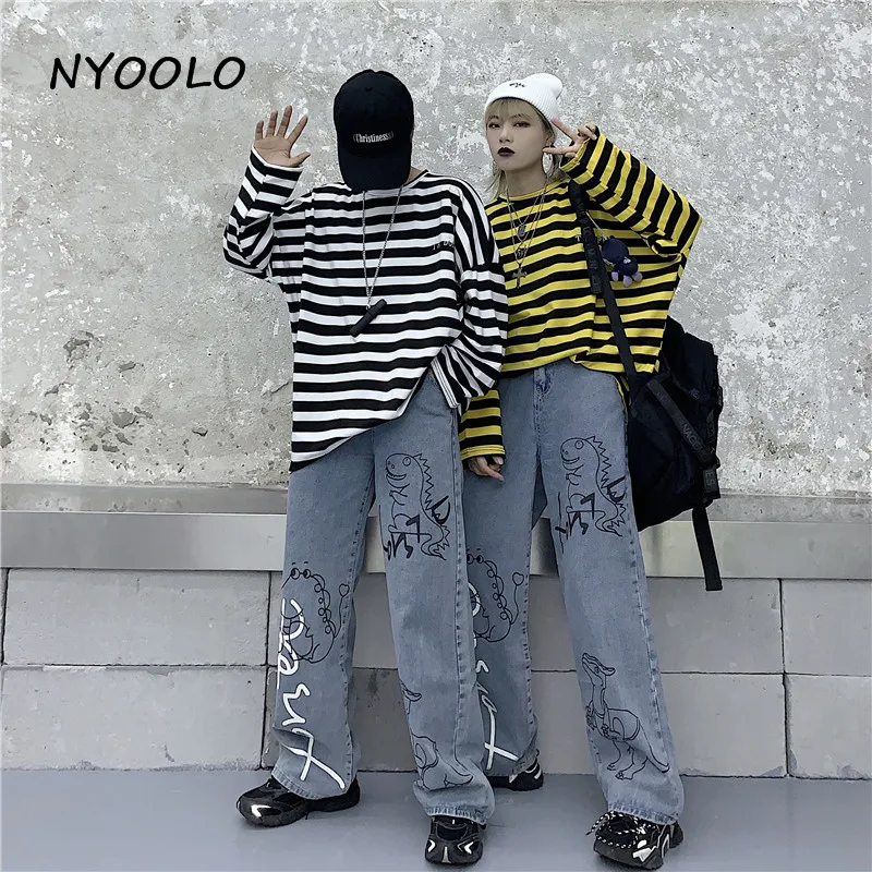 NYOOLO Harajuku стиль мультфильм Динозавр с буквенным принтом вымытые джинсы осень уличная полная длина прямые женские джинсовые брюки для мужчин