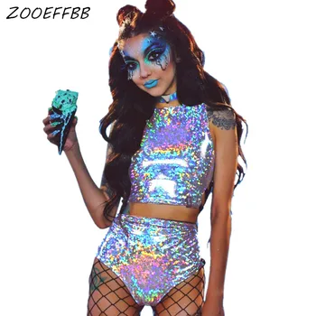 

ZKYZWX Sexy Colorful Laser Sparkly 2 Piece Set Women 2020 Bandage Crop Top Shorts Summer Matching Set Night Party Club Outfits