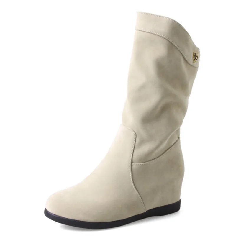 

KALENMOS Slouch Boots Women Mid Calf Boots Increasing Height Slip on Casual Boots Ladies Flock Autumn Winter Shoes Size 34-43