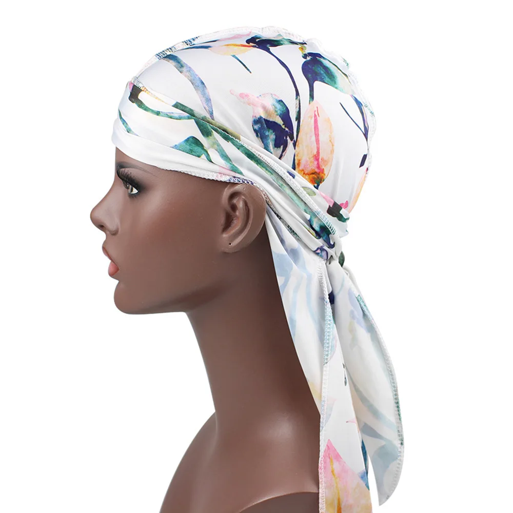 Хлопок Durag банданы с принтом для женщин и мужчин длинный хвост тюрбан