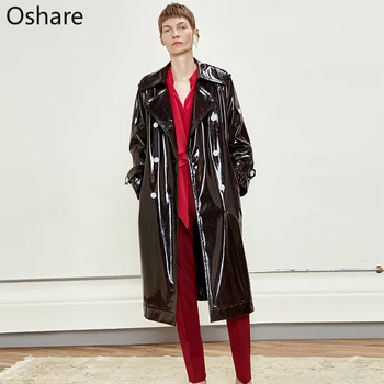 

NEW Long waterproof black patent leather trench coat for women 2020 double breasted iridescent oversized leather coat 7xl