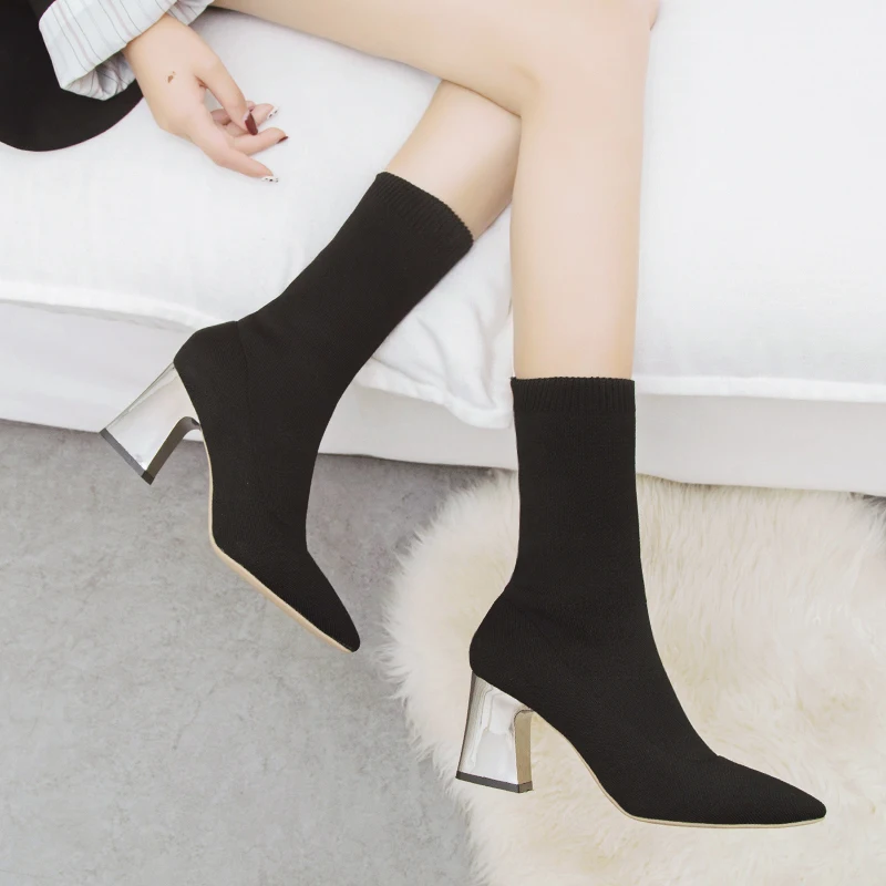 

EOEODOIT Autumn Winter Sock Boots Women Fashion Calf Shoes Pointed Toe High Heel Knitting Booties Pumps Slip On 7 cm heel