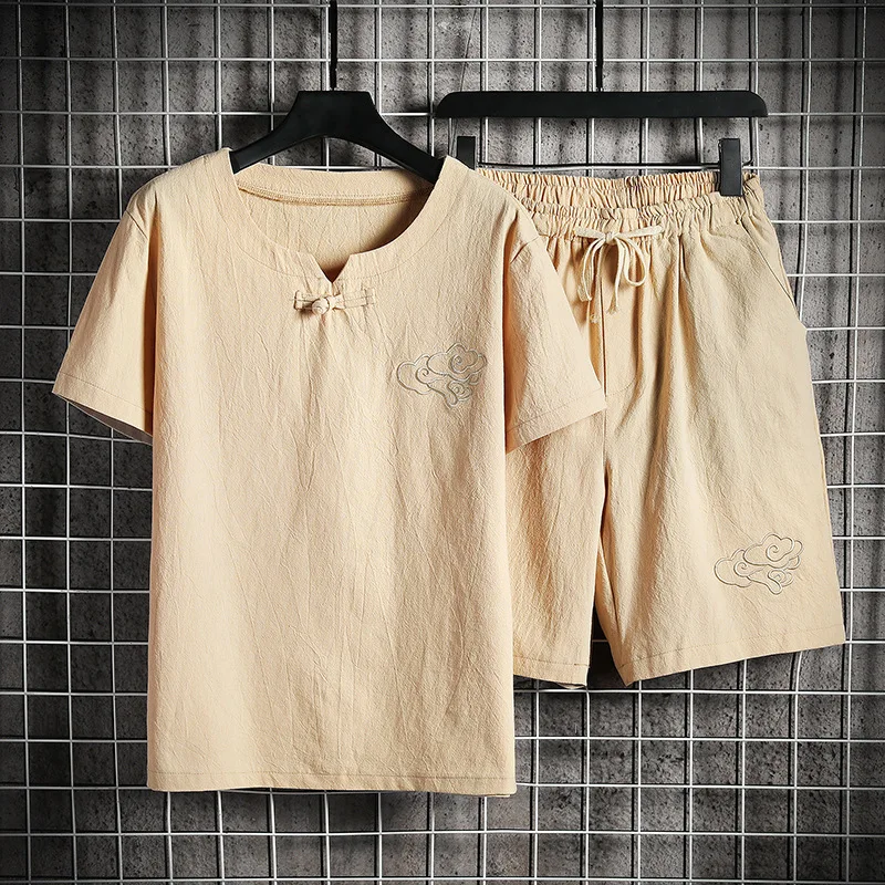 Tracksuit Men Shirt Shorts-Set Linen Men-Sets Solid-Color Fashion Streetwear Summer Breathable