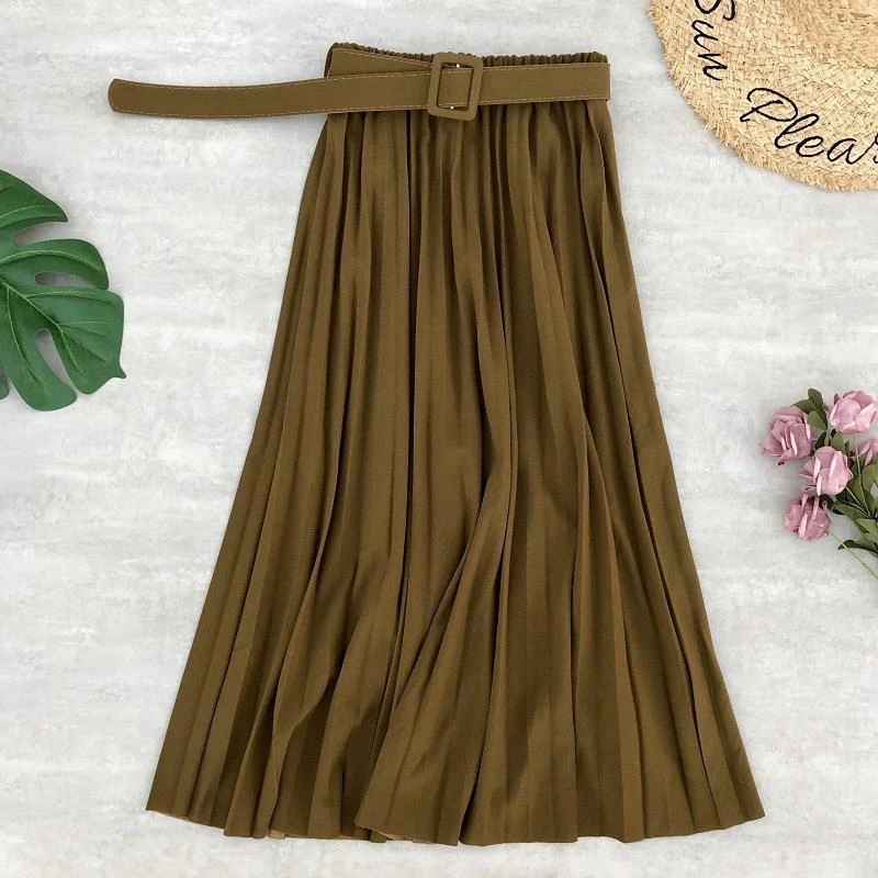 High Waist Women Skirt Casual Vintage Solid Belted Pleated Midi Skirts Lady 19 Colors Fashion Simple Saia Mujer Faldas floral skirt Skirts