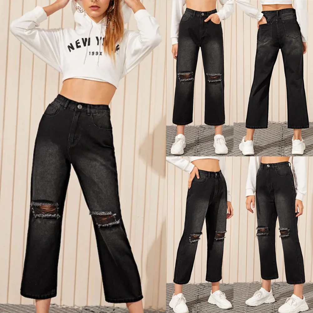 Брендовые новые женские черные прямые широкие джинсовые брюки женские длинные джинсы с высокой талией винтажные рваные джинсы длиной до