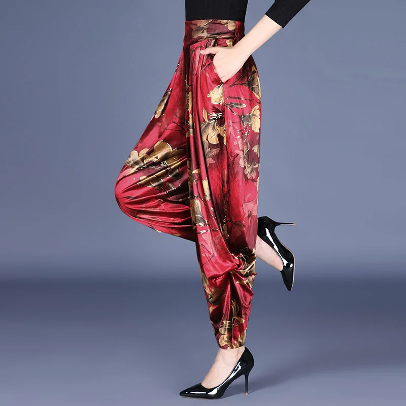 Осенне-зимние бархатные штаны с высокой талией, широкие штаны для женщин, штаны-шаровары с эластичной талией и принтом, женские штаны, свободные штаны для мам