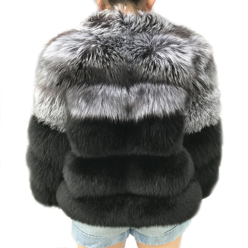 

Real Fox Fur Coat Women Winter Thick Silver Fox Fur Coat Double Color Fox Fur Overcoat Female Stand Collar Jacket