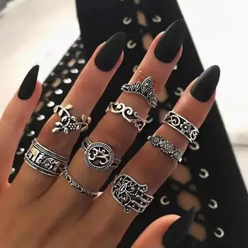 

9pcs/set Boho Midi Finger Rings Set for Women Punk Elephant Flower Hollow Out Sliver Knuckle Rings Jewelry Gift