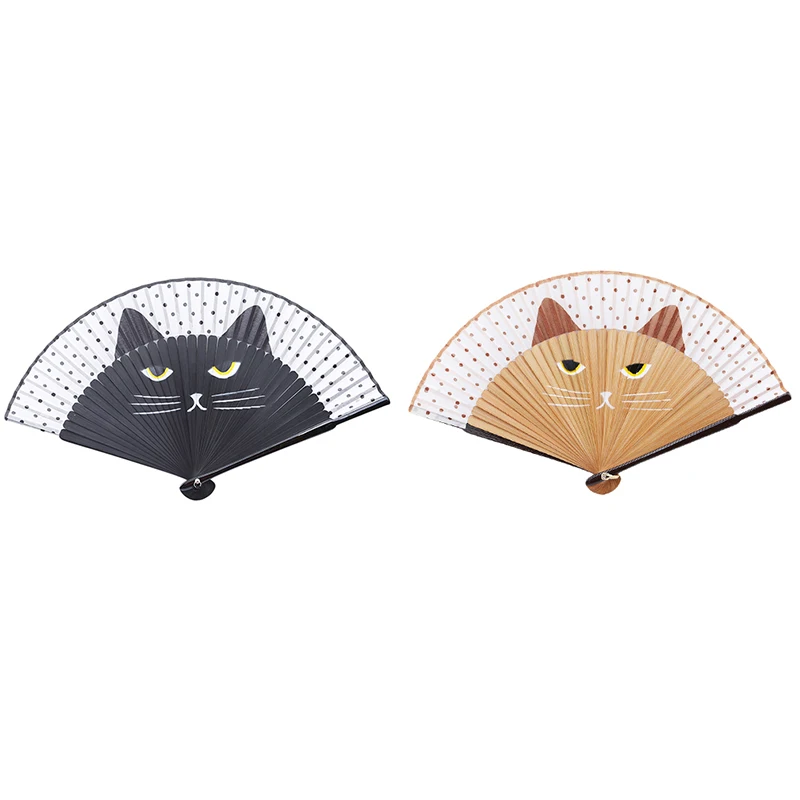 2 Style Cute Hollow Out Hand Folding Fans Cartoon Cat Folding Silk Fan Handheld Fan Outdoor Dancing Wedding Party Decoration