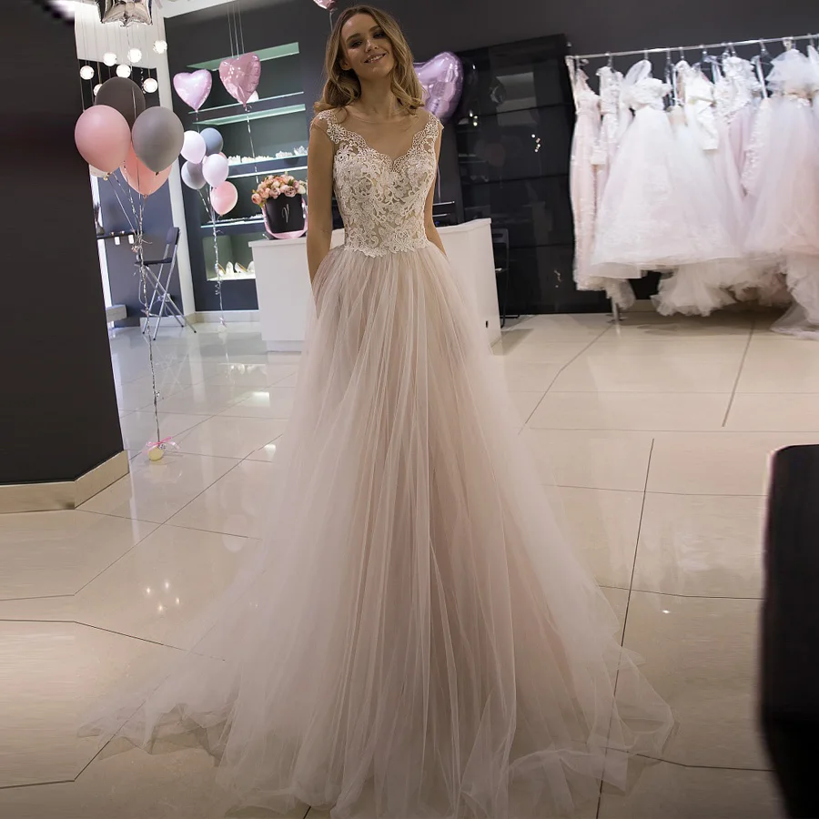 

ADLN Cap Sleeve Scoop Bridal Gowns 2019 Princess Applique Cheap Tulle Wedding Dresses Vestido De Novia New Arrival