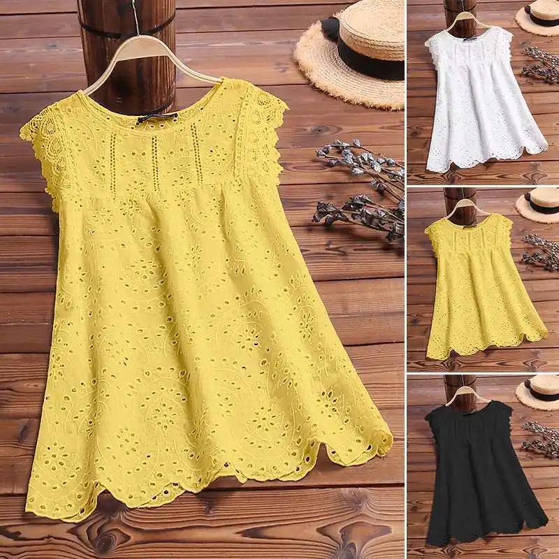 Fashion Summer Women Tank Tops Zanzea Womens Cotton Hollow Out Tops Sleeveless Vest Camis Streetwear Haut Femme Plus Size