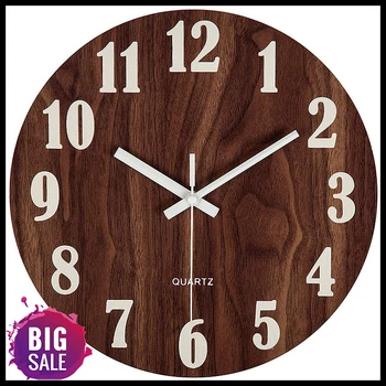 

12 Inch Night Light Function Wooden Wall Clock Vintage Rustic Country Tuscan Style For Kitchen Office Home Silent & Non-Tickin