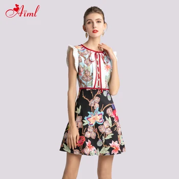 

Designer new women's sleeveless round neck webbing Drill button Stitched printed vest mini dress moda feminina vestido festa