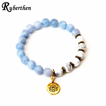 

Ruberthen Natural Celestine Women`s Lotus Yoga Mala Bracelet 8 mm Howlite Gem Stone Bracelet Best Mother`s Day Gift