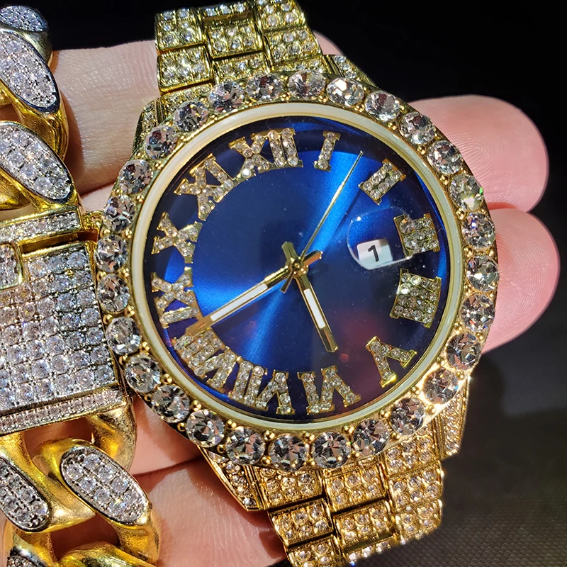 Hip Hop Mens Watches Top Brand Luxury Gold Business Quartz Watch Blue Dial Automatic Date Classic Waterproof Clock | Наручные часы