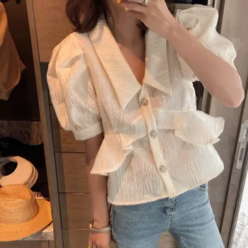

WOMENGAGA 2020 Summer New Loose Single-breasted Blouse Patchwork Ruffles Puff Sleeve Casual Pleated Streetwear Loose Womens A717