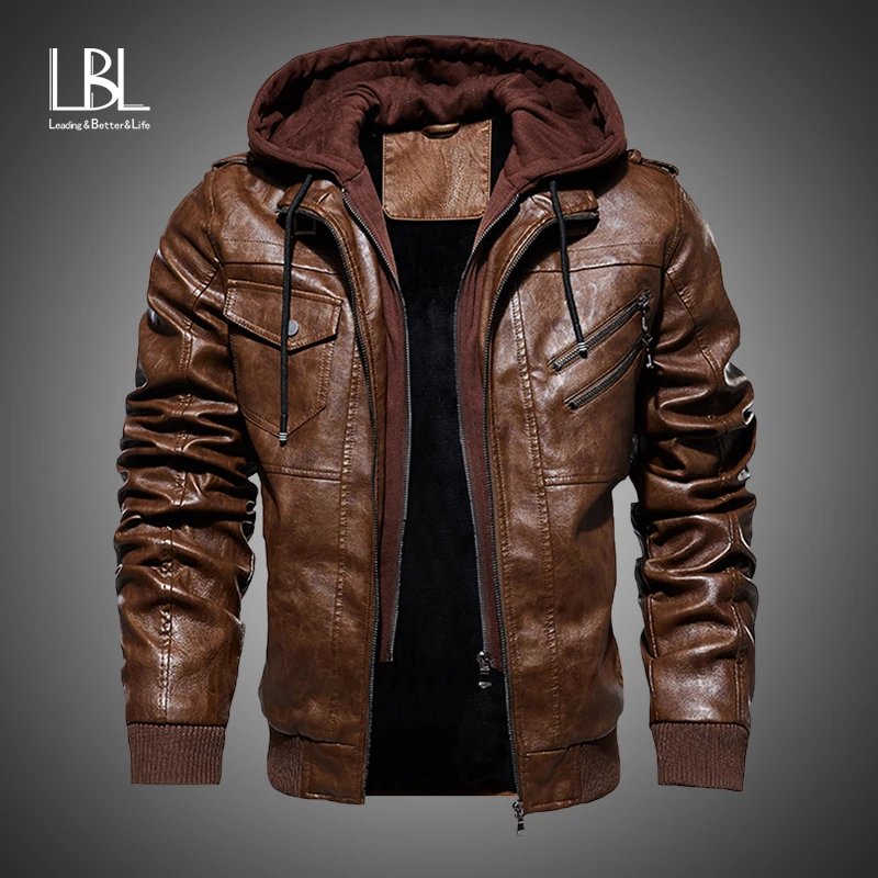 PASOK Mens Faux Leather Jacket Moto Hoodie Jacket PU Outwear Warm Jacket with Removable Fur Hood