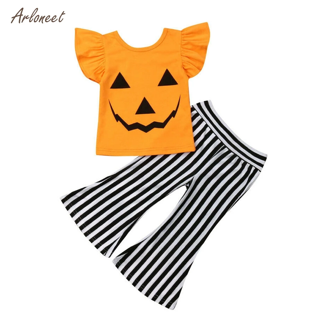 ARLONEETToddler/футболка с тыквой на Хэллоуин для маленьких девочек+ штаны в полоску детская зимняя одежда костюмы на Хэллоуин conjunto infantil menina