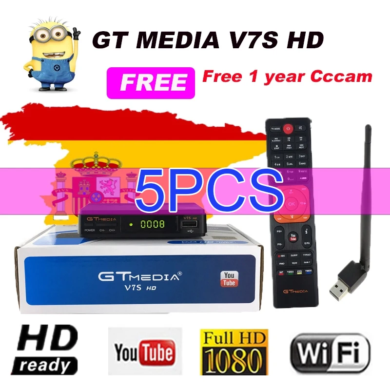 

5pcs Gtmedia V7S HD DVB-S2 Satellite Receiver with USB WIFI FREE Europe SPAIN cccam cline for 2years Spain poland HD TV Receptor