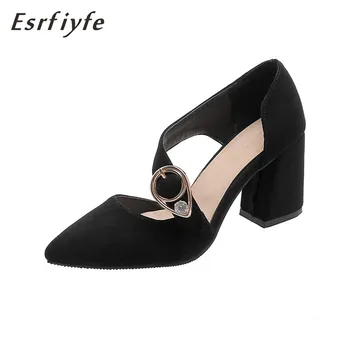 

ESRFIYFE 2020 New Fashion Summer Square Heel Sandals Flock Women Buckle Solid Pointed Toe Shoes Lady Casual Shoes Woman Footwear