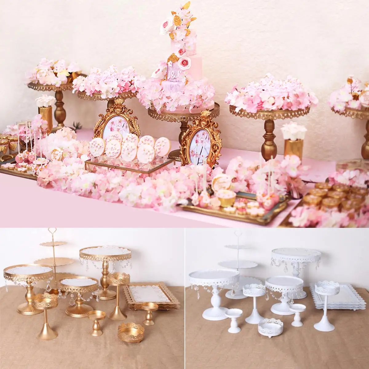 

12PCS/Set Metal Crystal Cake Stand Round Cupcake Dessert Display Tray Rack Wedding Decoration Kitchen Cake Tools Gold White
