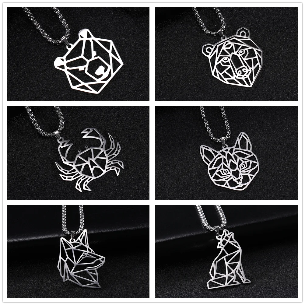 

Teamer Stainless Steel Animal Pendant Necklace Wolf Dog Cat Bear Lion Ericius Crab Shrimp Long Box Chain Men Necklaces Jewelry