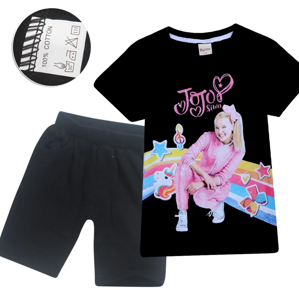 JOJO SIWA/красные летние детские футболки топы для маленьких девочек, футболки комплекты с короткими рукавами для мальчиков и девочек футболки Одежда для девочек возрастом от 10 до 12 лет - Цвет: S8493-black
