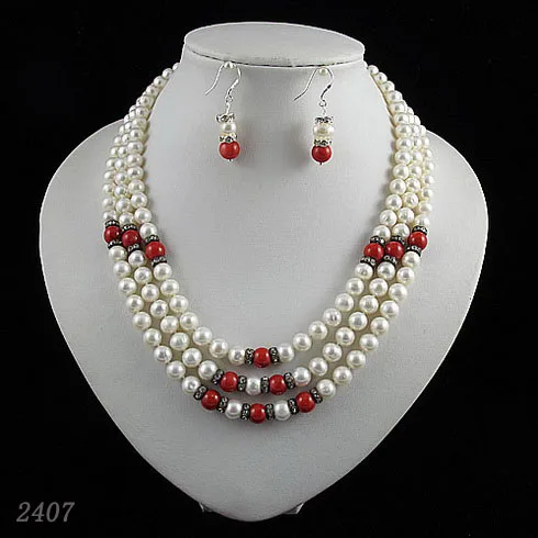 

Beautiful Terisa Pearl Jewelry Set 3 Rows White Genuine Freshwater Pearls Red Coral Rhinestone Necklace Earrings Women Gift