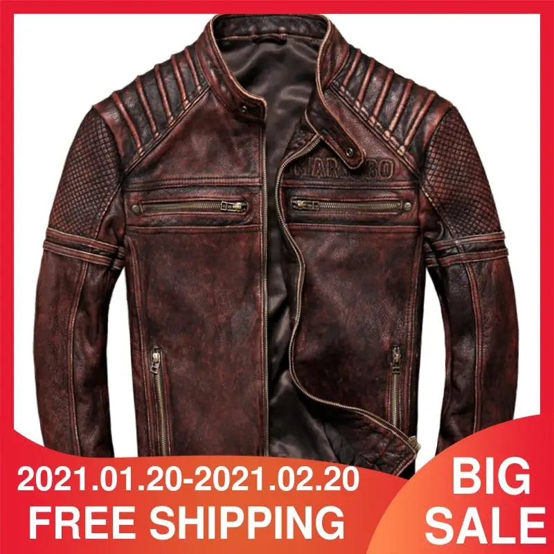 2021 винтажная коричневая мужская кожаная куртка американского мотоцикла размера