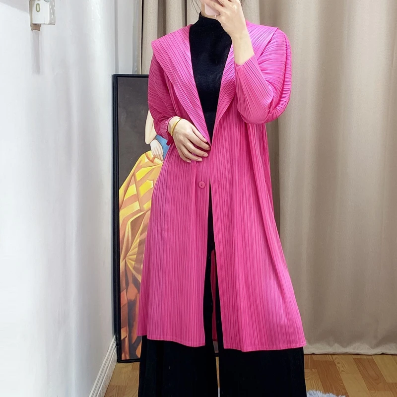 

2020 spring Miyake pleated mid-length coat solid color lapel loose large size thin women's trench coat abrigo mujer ropa mujer