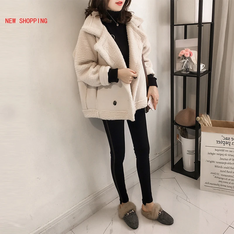 Winter New Lapel Lamb Wool Coat Female Loose Oversized Fur Motorcycle Jacket Tide Thicken Warm Fashion Women Jackets Coats Khaki