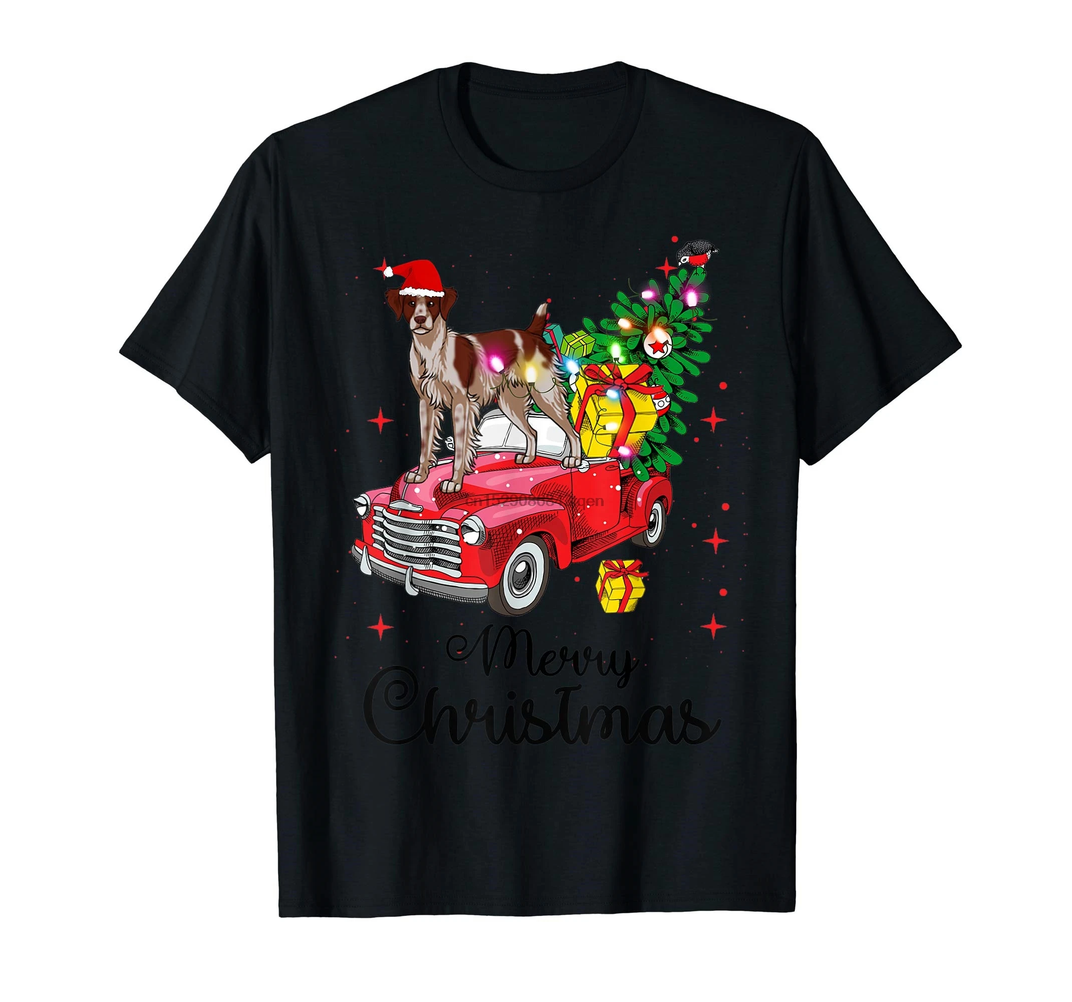 Brittany Spaniel Rides Red Truck Рождественская пижама футболка-Мужская Футболка-черный |