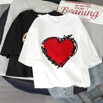 

women Korean cotton T-shirt big red heart print Fake Pearl T-shirt friends streetwear casual half sleeve Top&tees Camiseta Mujer