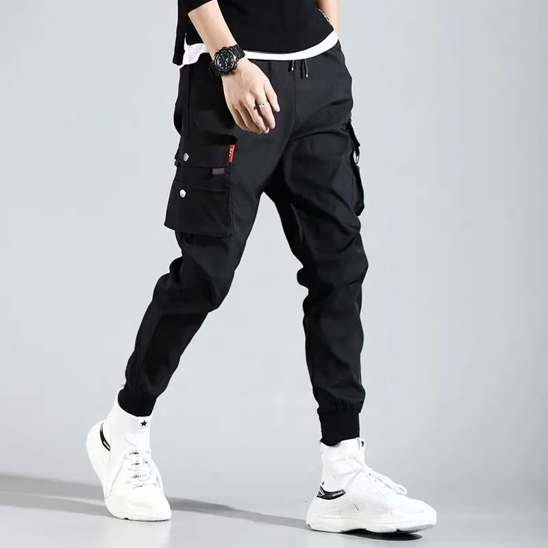 Men S Side Pockets Cargo Harem Pants Ribbons Black Hip Hop Casual