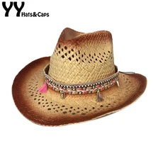 YY кисточка в виде ракушки Соломенная шляпка Летняя дышащая ковбойская женская шляпа ковбойская Мужская Уличная походная джазовая шляпа полый Широкий пляжный навес Кепка s CM19030