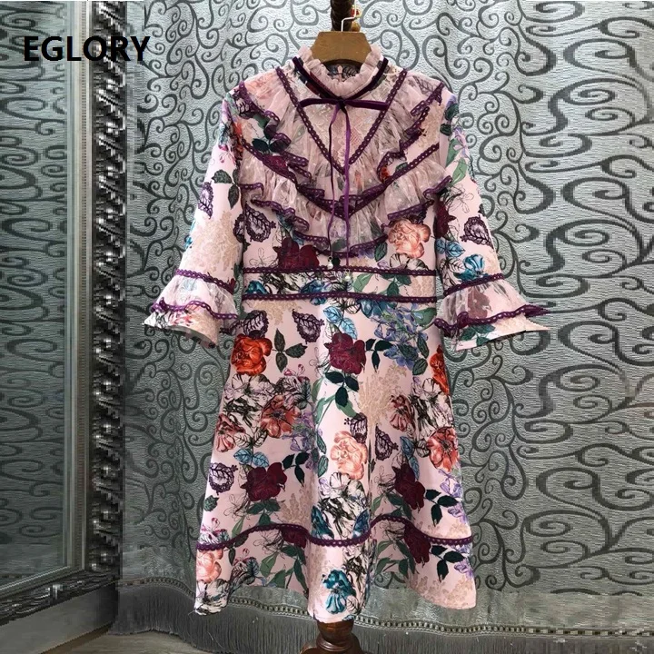 

Newest Fashion 2019 Autumn Party Vintage Dress Women Ruffled Colar Polka Dot Lace Patchwork Flare Sleeve Retro Pink Dress Mini