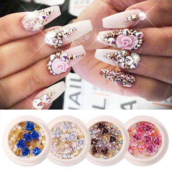 

Rose Flower Nail Rhinestones Silver Rivet Studs Pearl 3D Nail Art Decorations Set Mixed Size Sparkling Nail Art Manicur Crystal