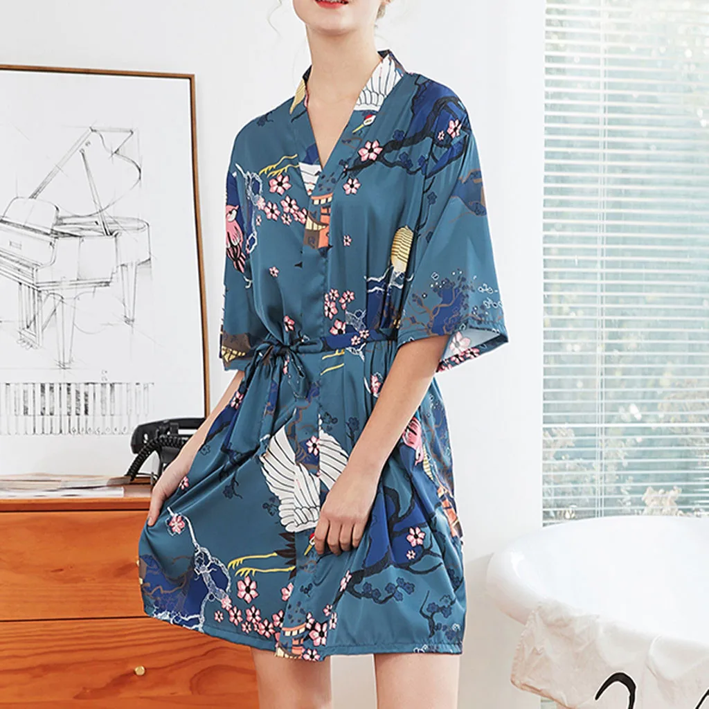 Женская одежда для сна халат ремень Печать Слинг атласное женское белье